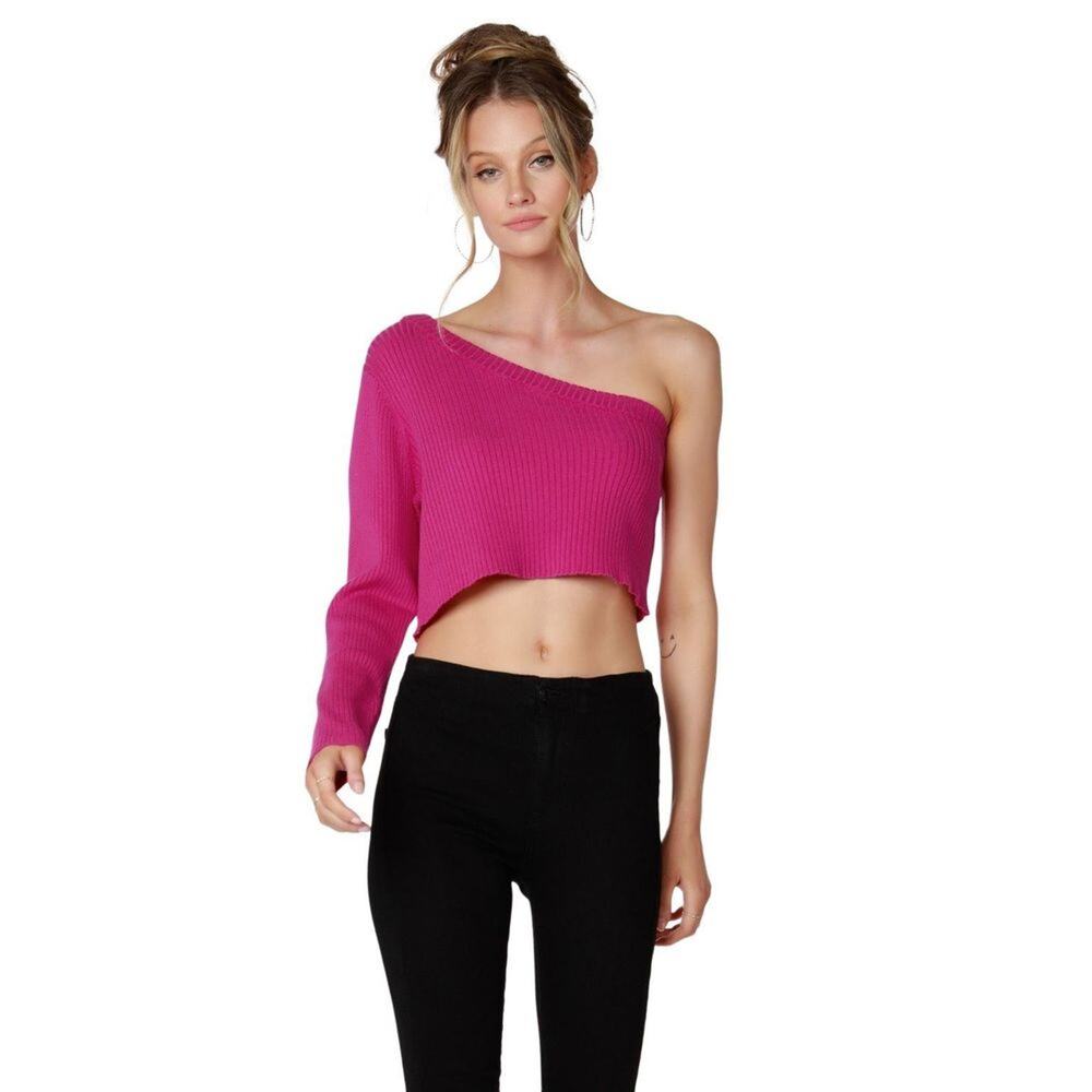 bobi Pink One Shoulder Ribbed Crop Sweater NWT XL